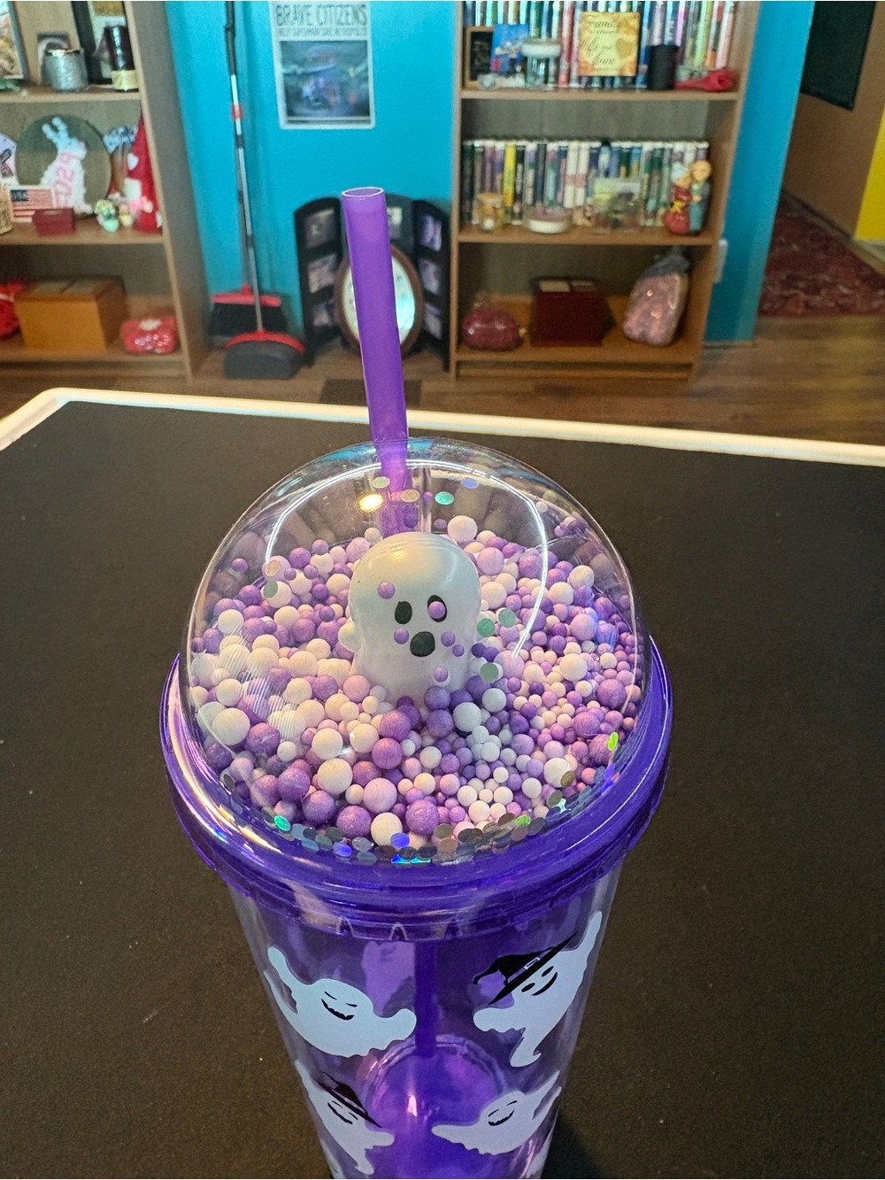 Purple Ghost Double-Wall Tumbler with Straw - Halloween Party Cup - Picture 2 of 2